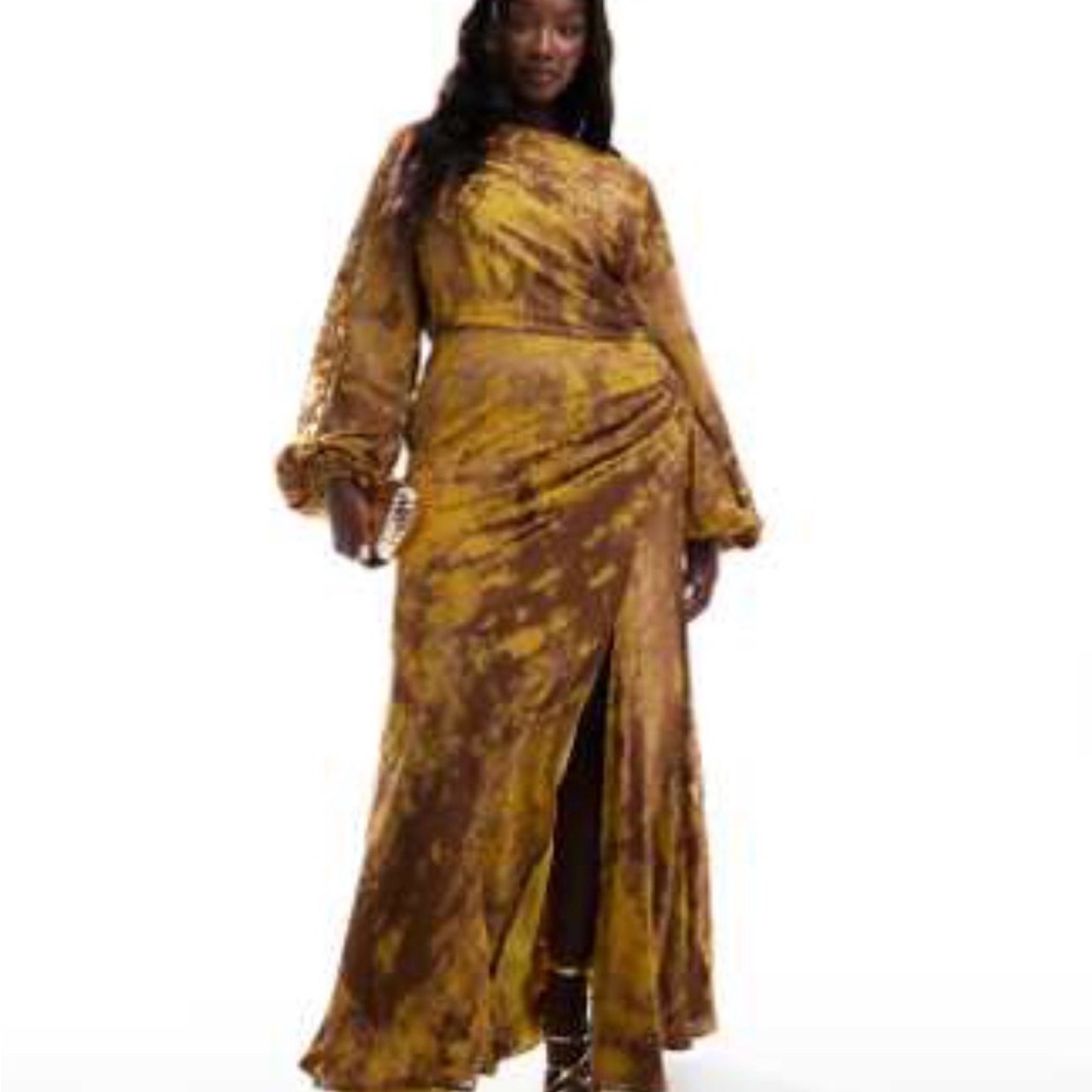 ASOS Curve Long Sleeve Dress in Brown and Gold